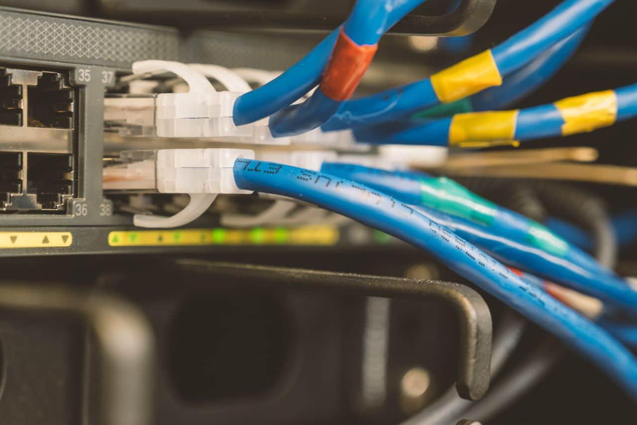 Cables Ethernet azules conectados a un switch